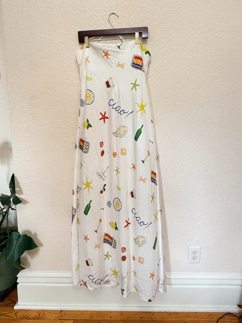 For Love & Lemons "Ciao!" print, strapless maxi dress, size XL.